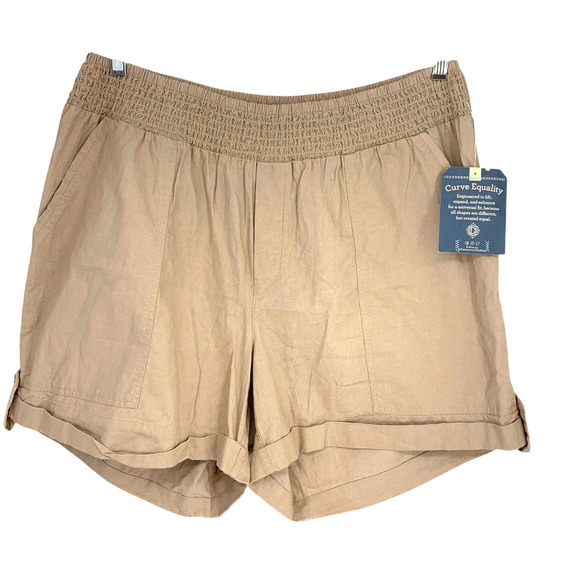 NWT Democracy Plus Sz 1X Sky Rise Tan Khaki Linen Blend Smocked Waist Shorts NEW - Picture 2 of 8